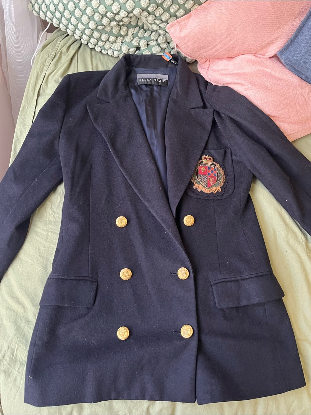 Vintage Linda Allard for Ellen Tracy Navy Double-Breasted Crest Blazer Oversized